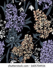 Seamless floral pattern. Hyacinth, Lilac, snowdrop flowers and leaves. Textile composition, hand drawn style print. Vector illustration.