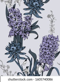 Seamless floral pattern. Hyacinth, snowdrop, herbs flowers and leaves. Textile composition, hand drawn style print. Vector illustration.