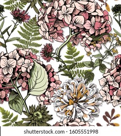 Seamless floral pattern. Hydrangea, Dahlia, wildflowers, cornflowers, herbs flowers and leaves. Textile composition, hand drawn style print. Vector illustration.