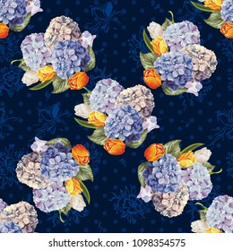 Seamless floral pattern with hydrangea flowers and tulips