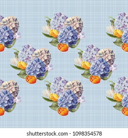 Seamless floral pattern with hydrangea flowers and tulips