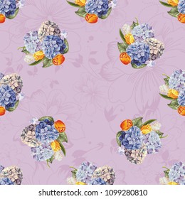 Seamless floral pattern with hydrangea flowers and tulips