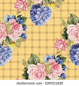 Seamless floral pattern with hydrangea flowers and roses