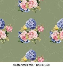 Seamless floral pattern with hydrangea flowers and roses