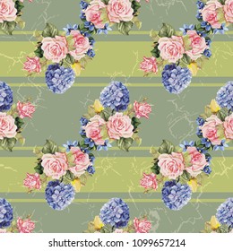 Patrón floral sin soldadura con flores hidrangea y rosas 