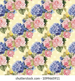 Seamless floral pattern with hydrangea flowers and roses 