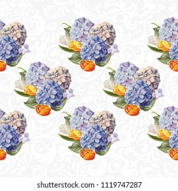 Patrón floral sin fisuras con flores y tulipanes hidrangea