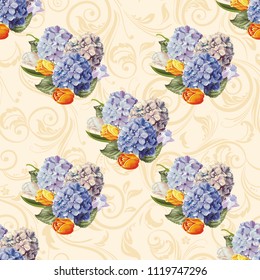 Seamless floral pattern with hydrangea flowers and tulips