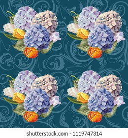 Seamless floral pattern with hydrangea flowers and tulips