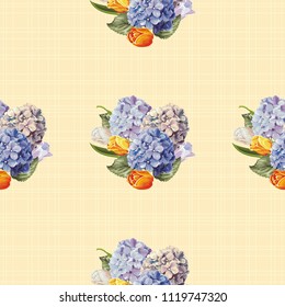 Seamless floral pattern with hydrangea flowers and tulips