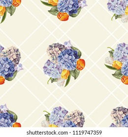 Seamless floral pattern with hydrangea flowers and tulips