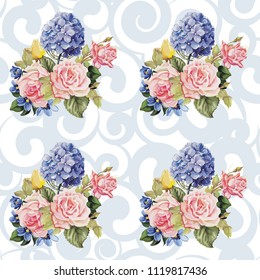 Seamless floral pattern with hydrangea flowers and roses 
