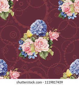 Seamless floral pattern with hydrangea flowers and roses 