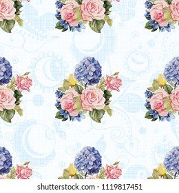 Seamless floral pattern with hydrangea flowers and roses 