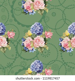 Seamless floral pattern with hydrangea flowers and roses 