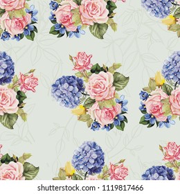 Seamless floral pattern with hydrangea flowers and roses 