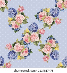 Seamless floral pattern with hydrangea flowers and roses 