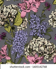 Seamless floral pattern. Hydrangea,  Hyacinth, Lily, wildflowers flowers and leaves. Textile composition, hand drawn style print. Vector illustration.