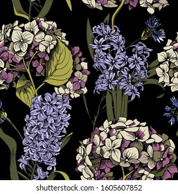 Seamless floral pattern. Hydrangea,  Hyacinth, cornflowers flowers and leaves. Textile composition, hand drawn style print. Vector illustration.