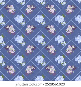 Seamless Floral Pattern with Hydrangea and Phlox on Blue Background