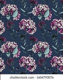 Seamless floral pattern. Hydrangea,  wildflowers, cornflowers, herbs flowers and leaves. Textile composition, hand drawn style print. Vector illustration.