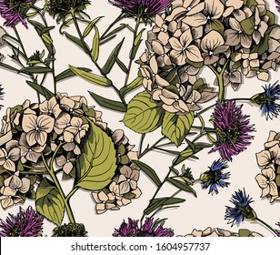 Seamless floral pattern. Hydrangea, wildflowers, cornflowers, herbs flowers and leaves. Textile composition, hand drawn style print. Vector illustration.