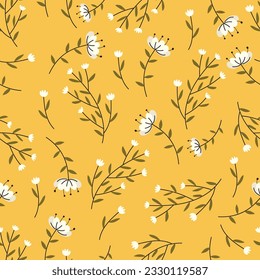 nahtloses Blumenmuster. Idee für Stoff, Tischdecken Muster, Packpapier, Geschenkpapier. Druckditsy. Motive werden zufällig verstreut. gelbes Muster, Hintergrund.