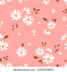 seamless floral pattern. Idea for fabric, tablecloth pattern, wrapping paper, gift paper. Print Ditsy. Motives are scattered randomly. Daisy flower pink pattern background. cute pattern