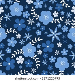seamless floral pattern. Idea for fabric, tablecloth pattern, wrapping paper, gift paper. Print Ditsy. Motives are scattered randomly. blue flower pattern background. Hand drawn pattern. dark blue