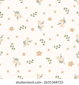 Seamless floral pattern. Idea for fabric, tablecloth pattern, wrapping paper, gift paper. Print ditsy. Motives are scattered randomly. Flower pattern background. cute pattern.