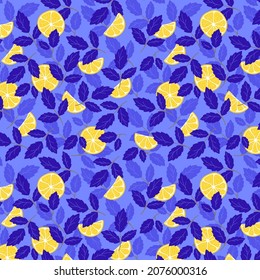 Seamless floral pattern illustrating lemon wedges and mint leaves. Drawn in simple, minimalistic graphics. Used contrasting colors blue, yellow, white. Perfect for packaging, printing, textiles