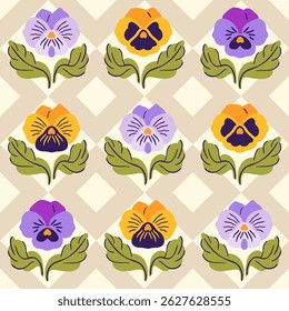 Seamless floral pattern illustration with stylized pansies in purple and yellow tones, arranged in a geometric vintage-style grid on a beige background.