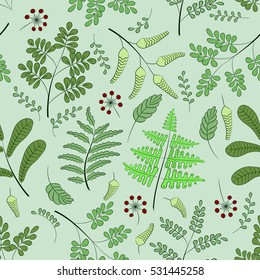 Seamless floral pattern. Illustration of twigs, leaves, berries.