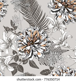 Seamless floral pattern with image of a Dahlia and Lily flowers, fern, Cow parsnip, Date palm leaves on a beige background. Vector illustration.