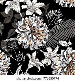 Seamless floral pattern with image of a Dahlia and Lily flowers, fern, Cow parsnip, Date palm leaves on a black background. Vector illustration.