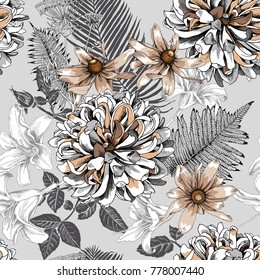 Seamless floral pattern with image of a Dahlia, Heliopsis and Lily flowers, fern, Cow parsnip, Date palm leaves on a gray background. Vector illustration.