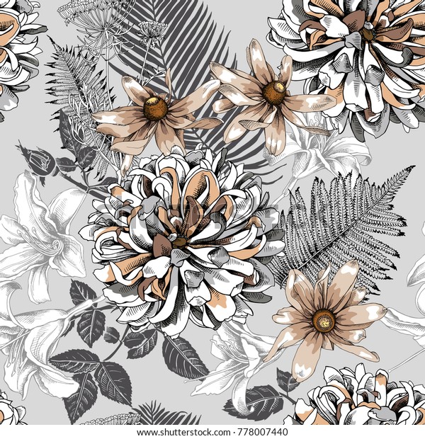 グレイの背景にシームレスな花柄と ダリア ヘリオプシス リリーの花 シダ 牛のパースニップ デートヤシの葉 ベクターイラスト のベクター画像素材 ロイヤリティフリー