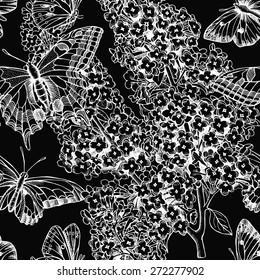 Seamless floral pattern with the image of a lilac and butterflies. Vector black and white illustration.