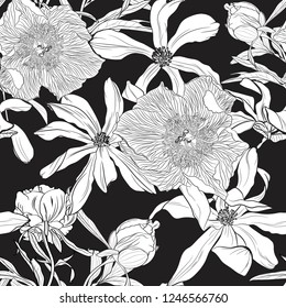 Seamless floral pattern with image of a magnolia and peony flowers on a black background. Vector illustration.