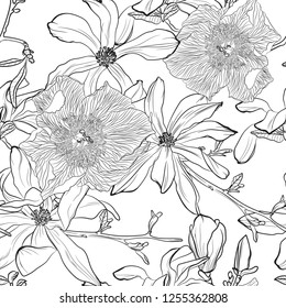 Seamless floral pattern with image of a magnolia and peony flowers on a white background. Vector illustration.