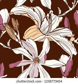 Seamless floral pattern with image of a magnolia and lilies flowers on a vintage brown background. Vector illustration.