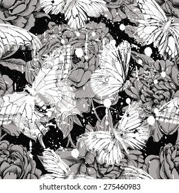 Seamless floral pattern with images of peonies and butterflies. Vector black and white illustration.
