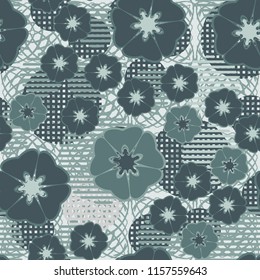 Seamless floral pattern including round elements. There is a background of squares that consist of their arcs.