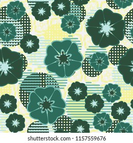 Seamless floral pattern including round elements. There is a background of negligently made crosses.