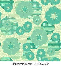 Seamless floral pattern including round elements. There is a background of negligently made crosses.