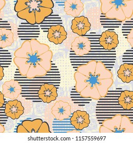 Seamless floral pattern including round elements. There is a background of negligently made crosses.