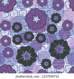 Seamless floral pattern including round elements. There is a background of negligently made crosses.