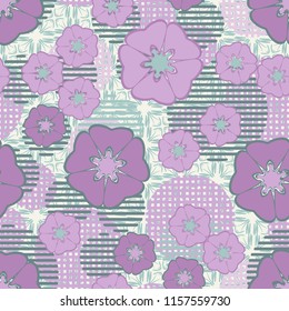Seamless floral pattern including round elements. There is a background of negligently made crosses.