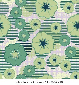 Seamless floral pattern including round elements. There is a background of rhombuses inside the squares.