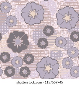 Seamless floral pattern including round elements. There is a background of negligently made crosses.